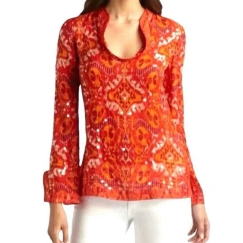 Tory Burch | Stephanie Tunic Top Sequin Embellished Ikat Red Orange Size 2